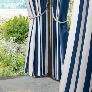 Outdoor Drapes Curtains Grommet Blue and White Stripped. Set Of 3 New With Tags